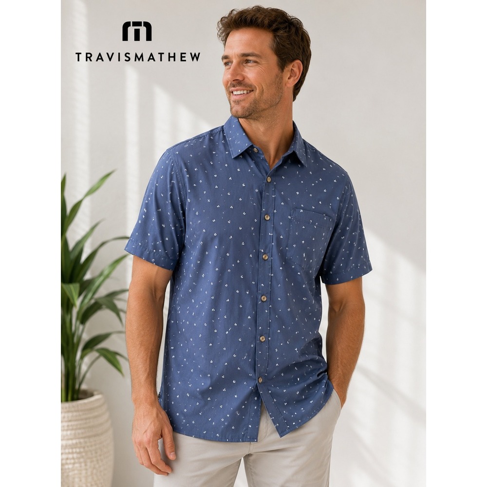 Travis Mathew XXL Blue Micro Print Button Front Shirt Men's Golf Casual